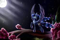 Size: 1200x800 | Tagged: safe, artist:yummiestseven65, character:princess luna, canterlot, female, looking up, moon, moonlight, night sky, signature, solo, stars, tree, tree branch