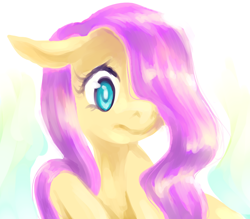 Size: 800x700 | Tagged: safe, artist:tearzah, character:fluttershy, species:pony, bust, female, floppy ears, hair over one eye, looking at you, mare, portrait, solo, three quarter view