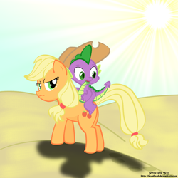 Size: 1000x1000 | Tagged: safe, artist:invidlord, character:applejack, character:spike, species:dragon, species:earth pony, species:pony, ship:applespike, accessory swap, applejack is not amused, desert, dragons riding ponies, female, male, mare, riding, shipping, straight, unamused