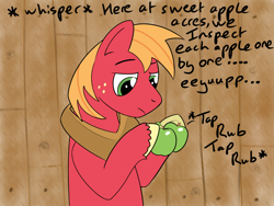 Size: 1200x900 | Tagged: safe, artist:laserbiskit, character:big mcintosh, species:earth pony, species:pony, apple, asmr, concentrating, dialogue, food, male, solo, stallion, tapping