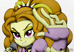 Size: 1000x704 | Tagged: safe, artist:rockingscorpion, character:adagio dazzle, equestria girls:rainbow rocks, g4, my little pony: equestria girls, my little pony:equestria girls, amulet, clothing, female, fingerless gloves, gloves, microphone, necklace, scene interpretation, signature, singing, solo, spikes, under our spell