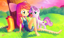 Size: 1920x1136 | Tagged: safe, artist:halem1991, character:apple bloom, character:sweetie belle, episode:crusaders of the lost mark, g4, my little pony: friendship is magic, my little pony:equestria girls, adorabloom, apple, barefoot, boots, cute, cutie mark, diasweetes, feet, food, grass, halem1991 is trying to murder us, the cmc's cutie marks