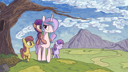 Size: 2112x1188 | Tagged: safe, artist:inkygarden, character:apple bloom, character:princess celestia, character:scootaloo, character:sweetie belle, cutie mark crusaders, missing accessory, momlestia, mountain, mountain range, ponies riding ponies, riding, scootalove, tree