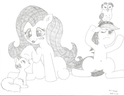 Size: 2189x1700 | Tagged: safe, artist:mc-ryan, character:fluttershy, character:rainbow dash, species:owl, animal, cat, cute, monochrome