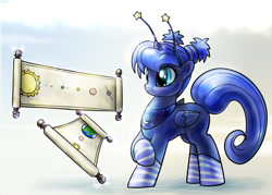 Size: 1400x1000 | Tagged: source needed, safe, artist:foxi-5, character:princess luna, alternate hairstyle, antennae, blushing, clothing, cute, female, filly, heliocentric theory, levitation, lunabetes, magic, paper, pigtails, raised hoof, socks, solar system, solo, space, striped socks, telekinesis, woona