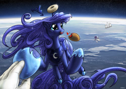 Size: 1600x1131 | Tagged: safe, artist:foxi-5, character:princess luna, character:twilight sparkle, species:alicorn, species:human, species:pony, species:unicorn, g4, :3, :t, astronaut, bread, candy, cute, dilated pupils, donut, eating, female, food, hand, holding hands, holding hooves, human on pony hoof holding, licking, licking lips, luna and the nauts, lunabetes, mare, messy eating, orbit, planet, smiling, space, space suit, spaceship, sparkles, sweets, tiara, tongue out