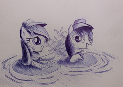 Size: 950x675 | Tagged: safe, artist:inkygarden, character:applejack, character:coloratura, episode:the mane attraction, g4, my little pony: friendship is magic, ballpoint pen, camp friendship, filly, monochrome, rara, scene interpretation, sketch, splashing, traditional art, water, younger