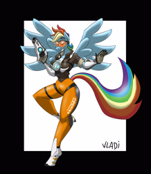 Size: 2680x3067 | Tagged: safe, artist:vladiverse, character:rainbow dash, species:anthro, species:pony, species:unguligrade anthro, alternate hairstyle, clothing, crossover, female, game, goggles, gun, jumpsuit, looking at you, mare, my little pony, overwatch, rainbow tracer, solo, spread wings, tracer, weapon, wings