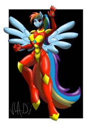 Size: 904x1280 | Tagged: safe, artist:vladiverse, character:rainbow dash, species:anthro, species:unguligrade anthro, alternate hairstyle, crossover, female, iron man, looking at you, powered exoskeleton, solo, spread wings, wings