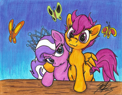Size: 2187x1695 | Tagged: safe, artist:artponymdp, character:diamond tiara, character:scootaloo, species:earth pony, species:pegasus, species:pony, butterfly, female, lesbian, scootiara, shipping