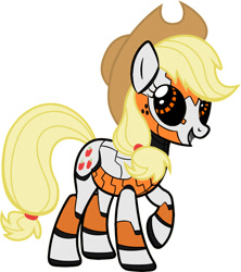 Size: 841x949 | Tagged: safe, artist:vladiverse, character:applejack, species:earth pony, species:pony, applebot, clothing, female, hat, hooves, machine, mare, open mouth, portal (valve), raised hoof, robot, robot pony, roboticization, simple background, solo, white background