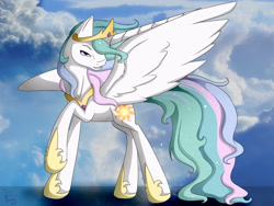 Size: 1600x1200 | Tagged: safe, artist:twigpony, character:princess celestia, female, raised hoof, solo, spread wings, wings