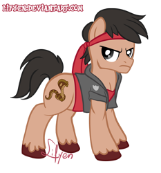 Size: 700x751 | Tagged: safe, artist:lifyen, angry, clothing, frown, headband, jacket, kung fury, police badge, ponified, snake, solo, t-shirt