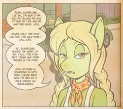 Size: 949x841 | Tagged: safe, artist:regularmouseboy, character:apple rose, character:granny smith, species:anthro, species:earth pony, species:pony, alternate universe, angry, annoyed, apple family, badass, car, cigarette, comic, dialogue, frustrated, memories, ponyville, rebel, rebellious teen, smoke, smoking, southern, speech bubble, street, vintage, world war ii, young granny smith