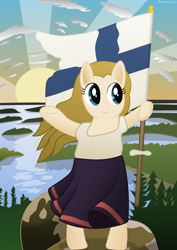 Size: 2456x3476 | Tagged: safe, artist:techarmsbu, oc, oc only, clothing, finland, finnish maiden, flag, ponified, solo, sunrise