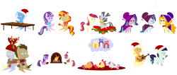 Size: 7800x3300 | Tagged: safe, artist:v0jelly, character:adagio dazzle, character:apple bloom, character:applejack, character:aria blaze, character:coloratura, character:derpy hooves, character:doctor whooves, character:moondancer, character:roseluck, character:scootaloo, character:sonata dusk, character:starlight glimmer, character:sunset shimmer, character:sweetie belle, character:time turner, character:trixie, character:twilight sparkle, character:twilight sparkle (alicorn), character:zecora, species:alicorn, species:pony, species:zebra, ship:doctorderpy, acoustic guitar, annoyed, book, christmas, christmas ponies, christmas presents, clothing, cute, cutie mark crusaders, decerations, eyes closed, female, flower, fourth doctor's scarf, guitar, hat, male, mare, microphone, musical instrument, poinsettia, pointy ponies, ponified, present, raindeer hat, rara, santa hat, scarf, scissors, shared clothing, shared scarf, shipping, simple background, singing, sleeping, straight, table, the dazzlings, transparent background, tree