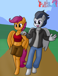 Size: 2543x3291 | Tagged: safe, artist:bigrinth, character:rumble, character:scootaloo, species:anthro, species:unguligrade anthro, ship:rumbloo, belly button, blushing, clothing, female, male, midriff, shipping, straight, tank top