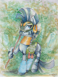 Size: 1295x1710 | Tagged: safe, artist:mapony240, character:zecora, species:pony, species:zebra, braid, earring, female, jar, mare, mask, neck rings, piercing, resistance leader zecora, saddle, solo, spear, traditional art, weapon