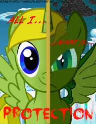 Size: 600x773 | Tagged: safe, artist:kombatantchampion, oc, oc only, oc:braveheart, species:alicorn, species:pony, alicorn oc, amputee, augmented, cloudsdale, prosthetic limb, prosthetic wing, prosthetics, solo, text, two sided posters, two sides