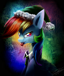 Size: 1700x2000 | Tagged: safe, artist:yummiestseven65, character:rainbow dash, bust, christmas, clothing, colored pupils, elf hat, female, hat, rainbow eyes, solo, tongue out