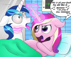 Size: 1024x819 | Tagged: safe, artist:arcuswind, character:princess cadance, character:shining armor, species:alicorn, species:pony, species:unicorn, abuse, angry, betrayal, birth, birthing, choking, contractions, death threat, epidural, female, heavy breathing, implied flurry heart, implied sex, labor, magic aura, male, mare, not laughing, pillow, pregnant, princess bitchdance, shiningabuse, stallion, strangling, tongue out, why you little, you did this to me