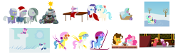 Size: 8750x2700 | Tagged: safe, artist:v0jelly, character:big mcintosh, character:bon bon, character:cheerilee, character:cheese sandwich, character:coco pommel, character:lemon hearts, character:limestone pie, character:lyra heartstrings, character:marble pie, character:minuette, character:pinkie pie, character:princess cadance, character:rarity, character:shining armor, character:spike, character:sweetie drops, character:twinkleshine, species:earth pony, species:pegasus, species:pony, species:unicorn, ship:cheerimac, ship:cheesepie, ship:lyrabon, adorableshine, adorabon, blanket, cheeribetes, christmas lights, clothing, cocobetes, comic, comic book, crossover, cute, cutedance, diacheeses, female, gingerbread (food), goggles, hair over one eye, hat, helmet, lemonbetes, lesbian, limabetes, lyrabetes, macabetes, male, marblebetes, mare, minubetes, movie, pie sisters, pointy ponies, rock, santa costume, santa hat, scarf, sewing machine, shining adorable, shipping, skiing helmet, skis, snow, snowball, snowball fight, stallion, star wars, straight, table, tent