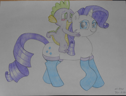 Size: 4680x3552 | Tagged: safe, artist:mc-ryan, character:rarity, character:spike, ship:sparity, blushing, colored pencil drawing, female, male, riding, shipping, straight, traditional art