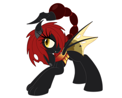 Size: 1500x1200 | Tagged: safe, artist:silverromance, oc, oc only, oc:myrmeleia, parent:manticore, parent:queen chrysalis, species:changeling, changeling hybrid, double colored changeling, hybrid, interspecies offspring, offspring, red changeling, scorpion changeling, scorpion tail, simple background, solo, stinger, things breeding that should not breed, transparent background