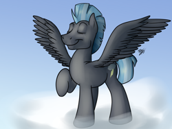 Size: 1600x1200 | Tagged: safe, artist:potes, character:thunderlane, species:pegasus, species:pony, cloud, eyes closed, happy, male, pose, raised hoof, smiling, solo, standing on a cloud, wings