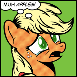 Size: 3000x3000 | Tagged: safe, artist:v0jelly, character:applejack, species:earth pony, species:pony, appul, benday dots, bust, colored pupils, crying, female, frown, green background, hatless, lidded eyes, mare, missing accessory, modern art, muh, open mouth, pop art, portrait, roy lichtenstein, sad, simple background, solo, teary eyes, text, that pony sure does love apples, thought bubble, unhapplejack