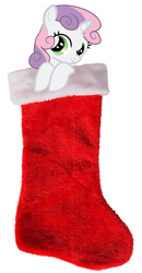 Size: 851x1634 | Tagged: safe, artist:creshosk, edit, character:sweetie belle, christmas, christmas stocking, cute, diasweetes, female, leaning, looking at you, peekaboo, peeking, simple background, smiling, sock, solo, white background