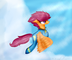 Size: 1024x853 | Tagged: safe, artist:rubyblossomva, character:scootaloo, species:pegasus, species:pony, cloud, female, flying, older, scootaloo can fly, solo, wonderbolt scootaloo, wonderbolts uniform