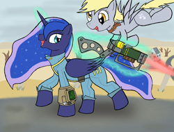 Size: 2048x1556 | Tagged: safe, artist:wingcommanderrudoji, character:derpy hooves, character:princess luna, species:alicorn, species:pegasus, species:pony, crossover, cutie mark, dead tree, energy weapon, fallout, fallout 4, female, flying, glowing horn, gun, hooves, horn, laser rifle, levitation, magic, mare, open mouth, outdoors, pipboy, spread wings, telekinesis, tree, vault suit, wasteland, weapon, wings