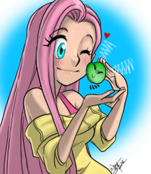 Size: 722x835 | Tagged: safe, artist:aeolus06, character:fluttershy, species:human, bare shoulders, female, gradient background, heart, humanized, nuzzling, one eye closed, parasprite