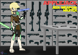 Size: 3508x2480 | Tagged: safe, artist:az-derped-unicorn, character:applejack, species:human, armory, blaster, crossover, energy weapon, female, gun, humanized, jedi, lightsaber, mouth hold, solo, star wars, weapon