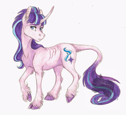 Size: 3288x3018 | Tagged: safe, artist:biakela, character:starlight glimmer, species:classical unicorn, species:pony, species:unicorn, cloven hooves, curved horn, cutie mark, female, fluffy, leonine tail, mare, scar, simple background, solo, tail, traditional art, unshorn fetlocks, white background