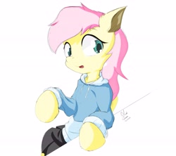 Size: 4513x4007 | Tagged: safe, artist:ando, character:fluttershy, absurd resolution, clothing, female, hoodie, looking sideways, open mouth, raised hoof, semi-anthro, simple background, solo, table, white background