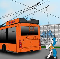 Size: 1806x1768 | Tagged: safe, artist:subway777, oc, oc only, species:earth pony, species:pony, clothing, graffiti, perm, russia, standing, trolley, trolleybus, vest