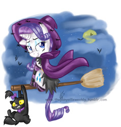 Size: 751x790 | Tagged: safe, artist:vago-xd, part of a set, character:opalescence, character:rarity, species:bat, broom, cape, cat, clinging, clothing, cloud, costume, flying, flying broomstick, full moon, hat, looking back, looking up, moon, night, night sky, nightmare night, sitting, smiling, socks, spider, striped socks, witch, witch hat