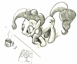 Size: 1280x1066 | Tagged: safe, artist:matugi, character:pinkie pie, black and white, coffee, female, food, grayscale, grin, heart, letter, monochrome, pinkie found the coffee, prank, solo, sugarcube, traditional art, xk-class end-of-the-world scenario