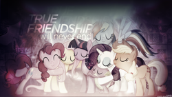 Size: 1920x1080 | Tagged: safe, artist:cr4zyppl, artist:dokfox, artist:lightf4lls, character:applejack, character:fluttershy, character:pinkie pie, character:rainbow dash, character:rarity, character:spike, character:twilight sparkle, character:twilight sparkle (alicorn), species:alicorn, species:pony, eyes closed, group hug, hug, low saturation, mane seven, mane six, ponyville, remake, signature, text, vector, wallpaper