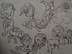 Size: 1072x804 | Tagged: safe, artist:matugi, character:applejack, character:fluttershy, character:gilda, character:pinkie pie, character:rainbow dash, character:rarity, character:trixie, character:twilight sparkle, species:griffon, species:pony, species:unicorn, apple, clothing, desk, female, food, grayscale, grin, mare, monochrome, raincloud, scarf, smiling, traditional art, wet mane