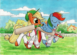 Size: 2000x1412 | Tagged: safe, artist:ecmonkey, character:applejack, character:rainbow dash, clothing, cricket, cricket bat, mouth hold, traditional art