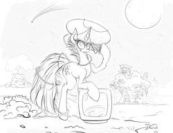 Size: 1246x956 | Tagged: safe, artist:lightf4lls, character:twilight sparkle, female, golden oaks library, monitor, monochrome, moon, satellite dish, shooting star, solo