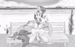 Size: 1920x1200 | Tagged: safe, artist:lightf4lls, character:fluttershy, species:bird, species:seagull, beach, bench, confused, female, food, french fries, grayscale, holding, misleading thumbnail, monochrome, ocean, sitting, solo, surrounded