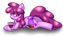 Size: 3500x2000 | Tagged: safe, artist:goldenmercurydragon, character:berry punch, character:berryshine, species:earth pony, species:pony, alcohol, chest fluff, drink, female, glass, high res, lidded eyes, looking at you, mare, prone, simple background, solo, transparent background, wine, wine glass