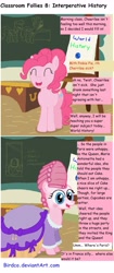 Size: 2344x5592 | Tagged: safe, artist:birdco, character:pinkie pie, classroom follies, clothing, comic, cosplay, costume, dress, marie antoinette, powdered wig, text, wall of text