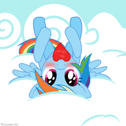 Size: 4000x4000 | Tagged: safe, artist:techarmsbu, character:rainbow dash, species:pegasus, species:pony, episode:hearts and hooves day, g4, my little pony: friendship is magic, blushing, bronybait, c:, cloud, cute, dashabetes, female, floppy ears, heart, legs in air, looking at you, mouth hold, nom, on back, smiling, solo, spread wings, upside down, valentine's day, wings