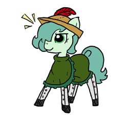 Size: 640x600 | Tagged: safe, artist:ficficponyfic, artist:methidman, edit, oc, oc only, oc:emerald jewel, species:earth pony, species:pony, alternate color palette, boots, child, clothing, color, color edit, colored, colt, colt quest, crossdressing, feather, femboy, foal, hat, leggings, male, proud, trap, young