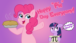 Size: 1280x720 | Tagged: safe, artist:vcm1824, character:pinkie pie, character:twilight sparkle, food, pi, pi day, pie, pun, twilight is not amused, unamused